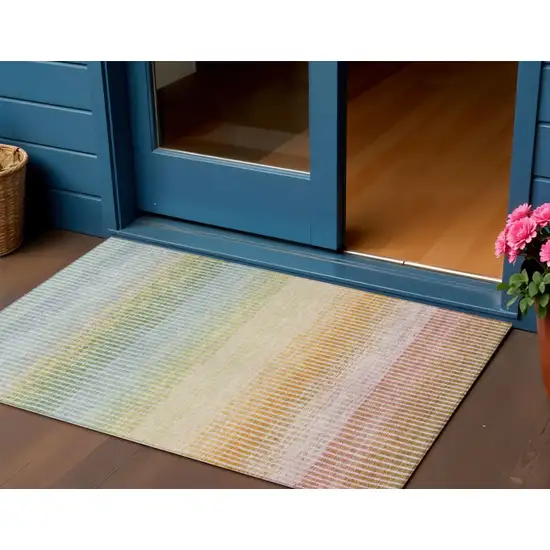 Salmon Blue And Peach Striped Washable Indoor Outdoor Area Rug Photo 1