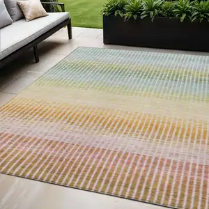 Photo of Salmon Blue And Peach Striped Washable Indoor Outdoor Area Rug