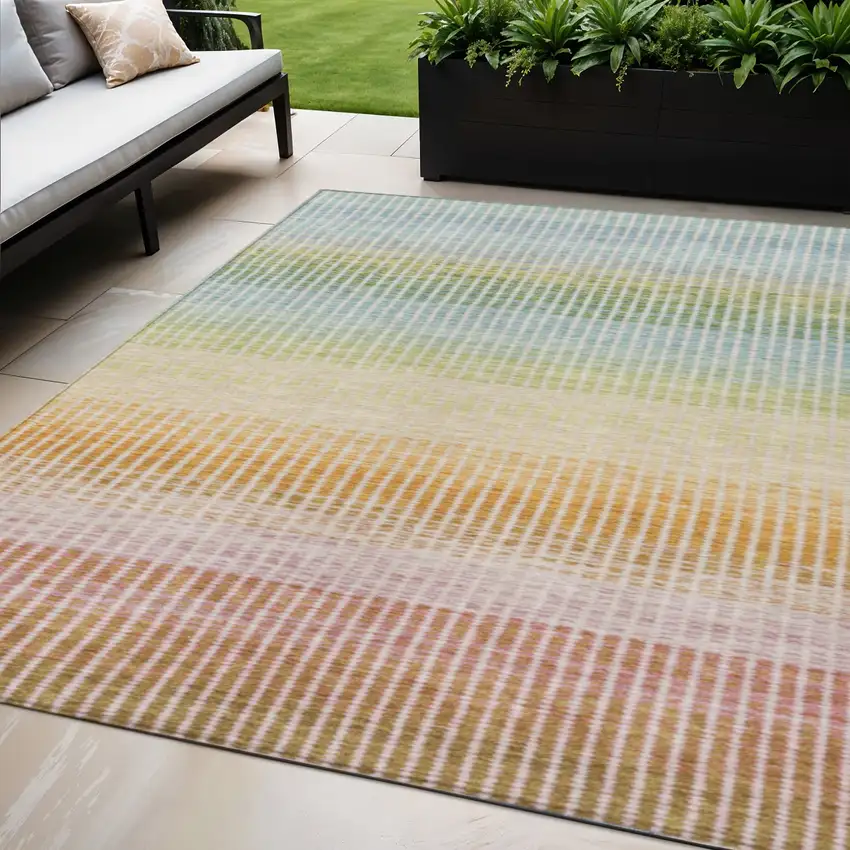 Salmon Blue And Peach Striped Washable Indoor Outdoor Area Rug Photo 1