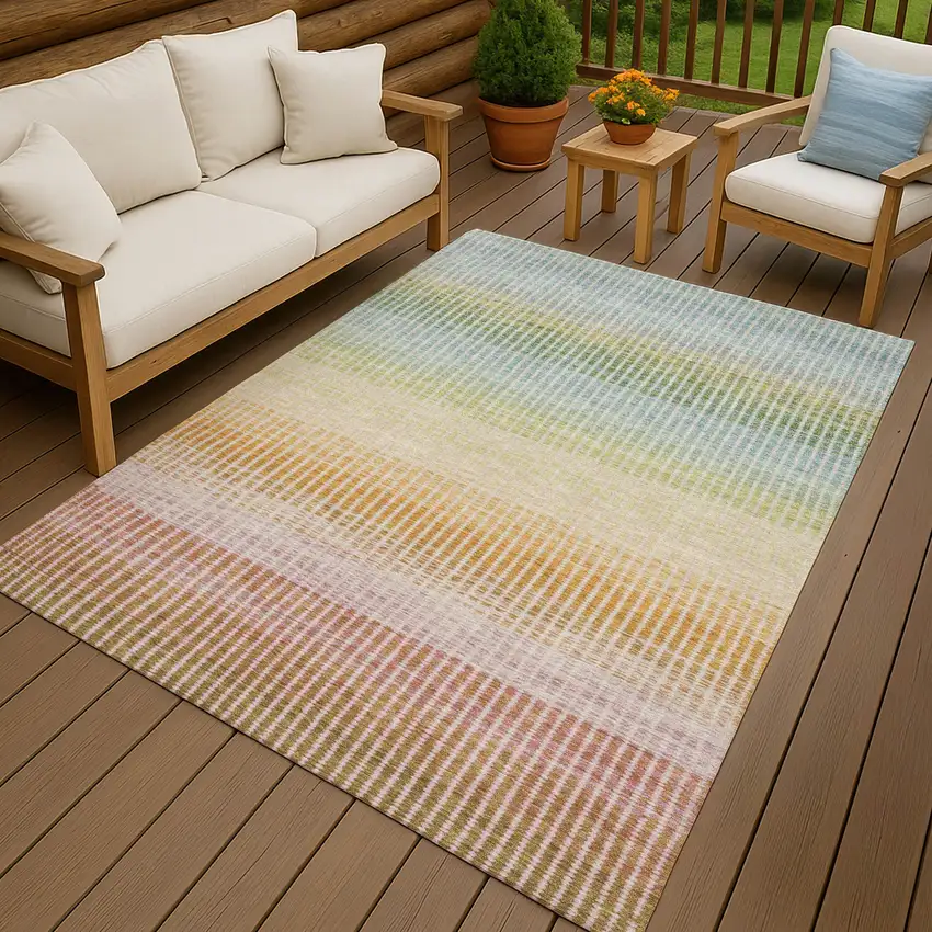 Salmon Blue And Peach Striped Washable Indoor Outdoor Area Rug Photo 9