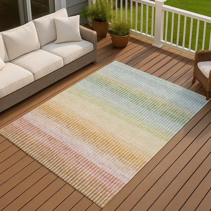 Salmon Blue And Peach Striped Washable Indoor Outdoor Area Rug Photo 6