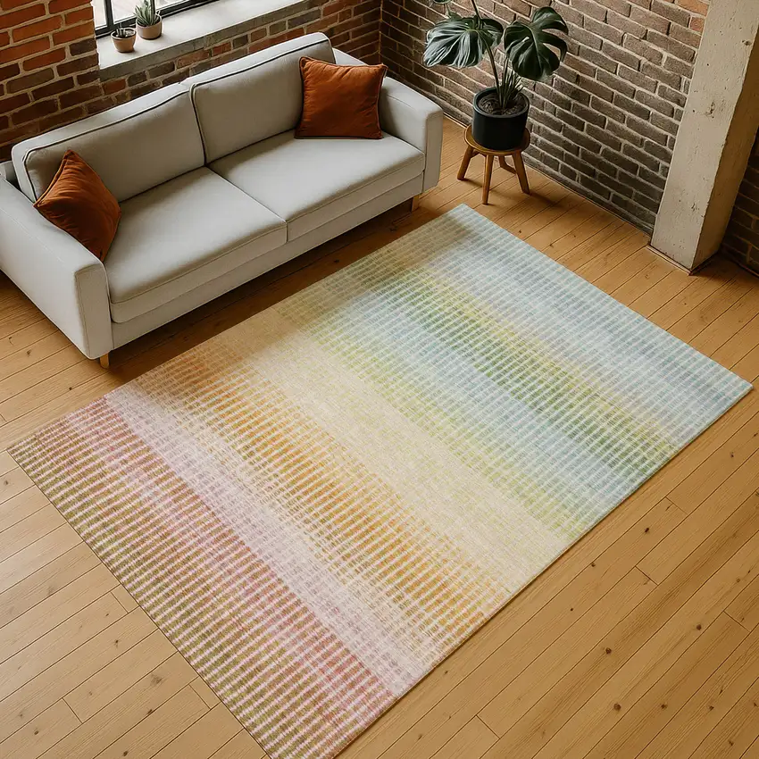Salmon Blue And Peach Striped Washable Indoor Outdoor Area Rug Photo 9