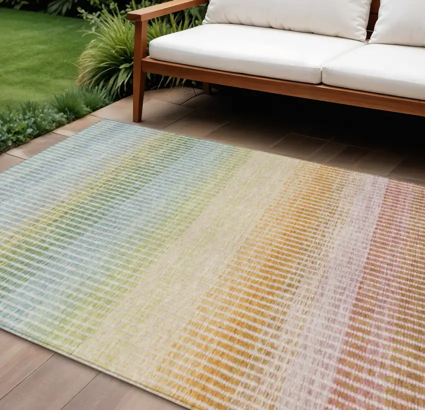 Salmon Blue And Peach Striped Washable Indoor Outdoor Area Rug Photo 1