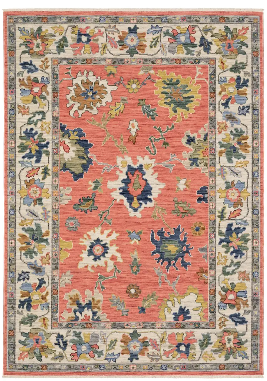 Salmon Blue And Yellow Oriental Area Rug With Fringe Photo 2