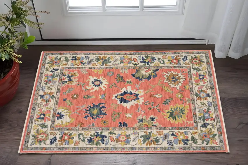 Salmon Blue And Yellow Oriental Area Rug With Fringe Photo 1