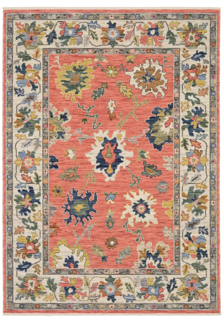Salmon Blue And Yellow Oriental Area Rug With Fringe Photo 5