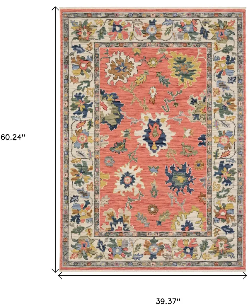 Salmon Blue And Yellow Oriental Area Rug With Fringe Photo 3
