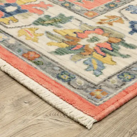 Salmon Blue And Yellow Oriental Area Rug With Fringe Photo 9