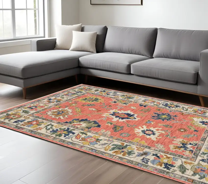 Salmon Blue And Yellow Oriental Area Rug With Fringe Photo 1