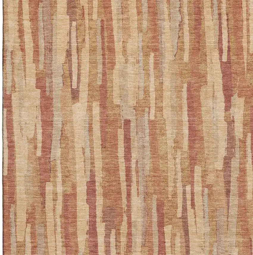 Salmon Brick Red And Gold Striped Washable Area Rug With UV Protection Photo 4