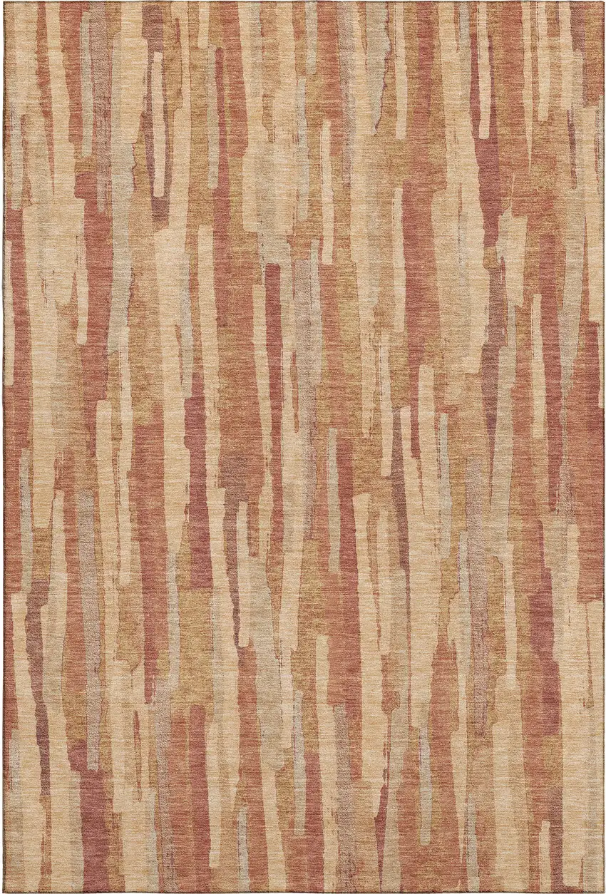 Salmon Brick Red And Gold Striped Washable Area Rug With UV Protection Photo 3