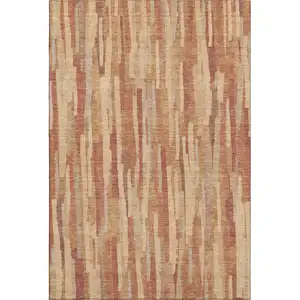 Photo of Salmon Brick Red And Gold Striped Washable Area Rug With UV Protection