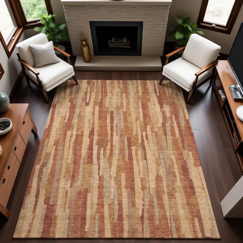 Salmon Brick Red And Gold Striped Washable Area Rug With UV Protection Photo 2