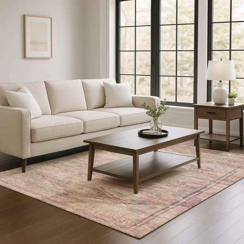 Salmon Copper And Beige Abstract Geometric Washable Area Rug With UV Protection Photo 2