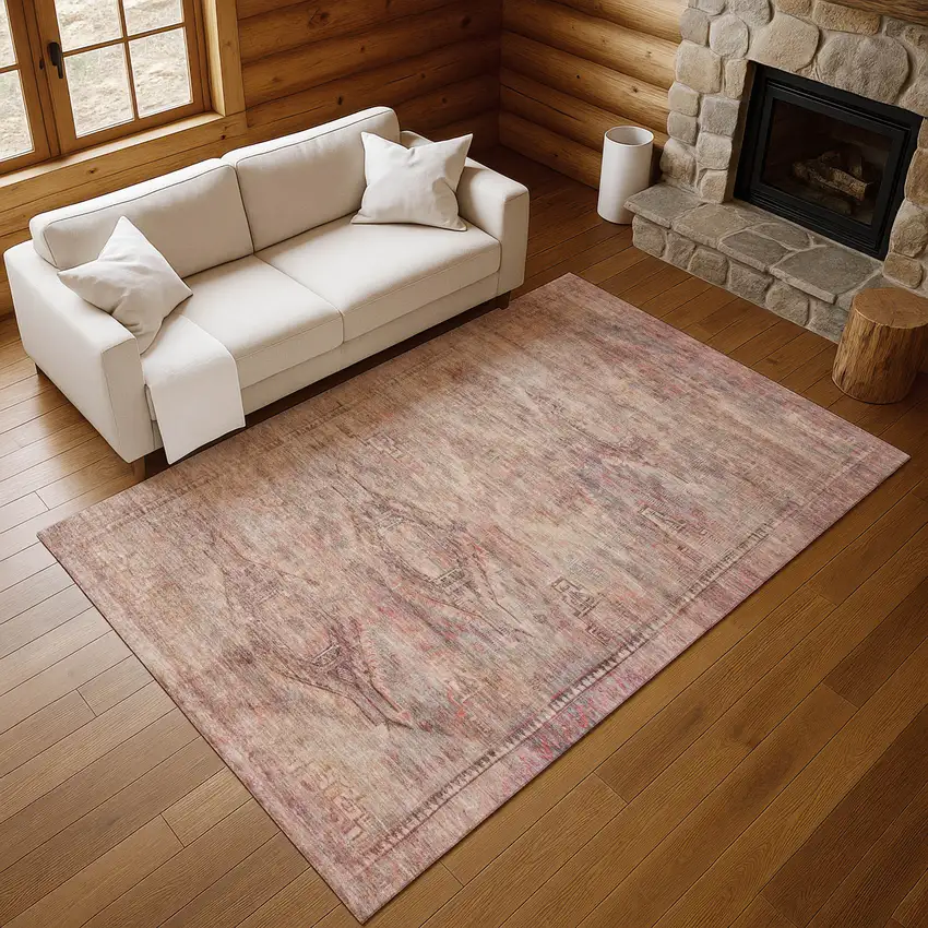 Salmon Copper And Beige Abstract Geometric Washable Area Rug With UV Protection Photo 3