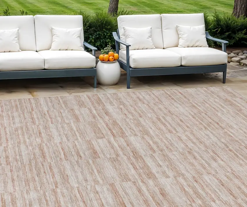 Salmon Copper And Beige Striped Washable Indoor Outdoor Area Rug Photo 1