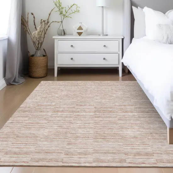 Salmon Copper And Beige Striped Washable Indoor Outdoor Area Rug Photo 9