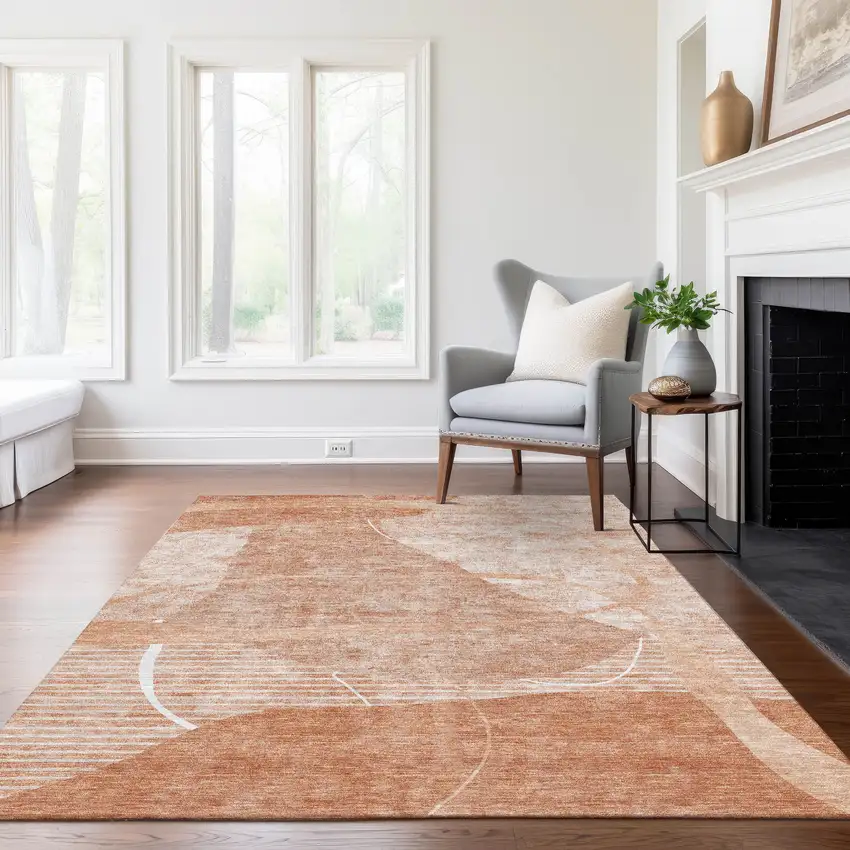 Salmon Copper And Ivory Abstract Washable Indoor Outdoor Area Rug Photo 8