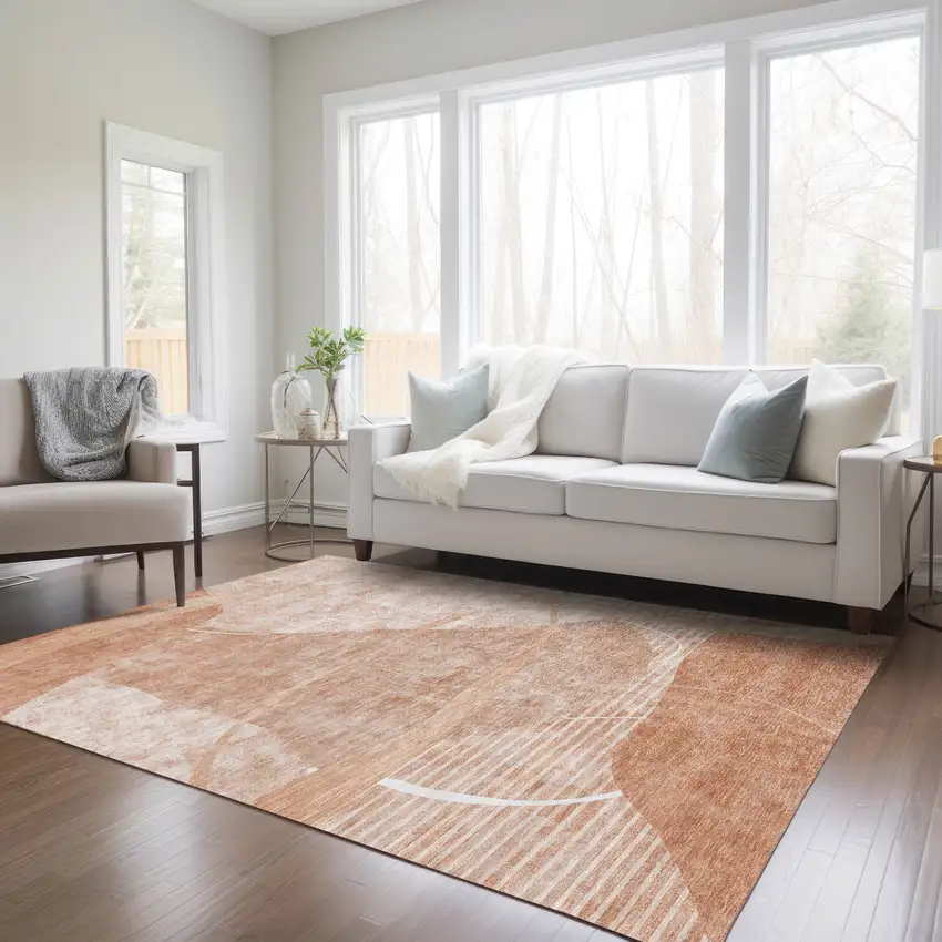 Salmon Copper And Ivory Abstract Washable Indoor Outdoor Area Rug Photo 9