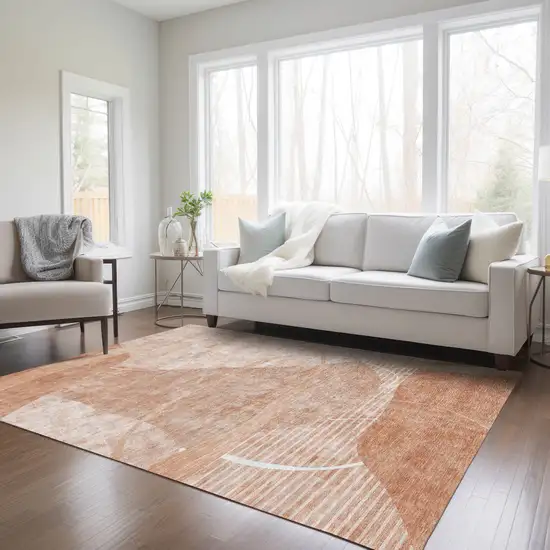 Salmon Copper And Ivory Abstract Washable Indoor Outdoor Area Rug Photo 9
