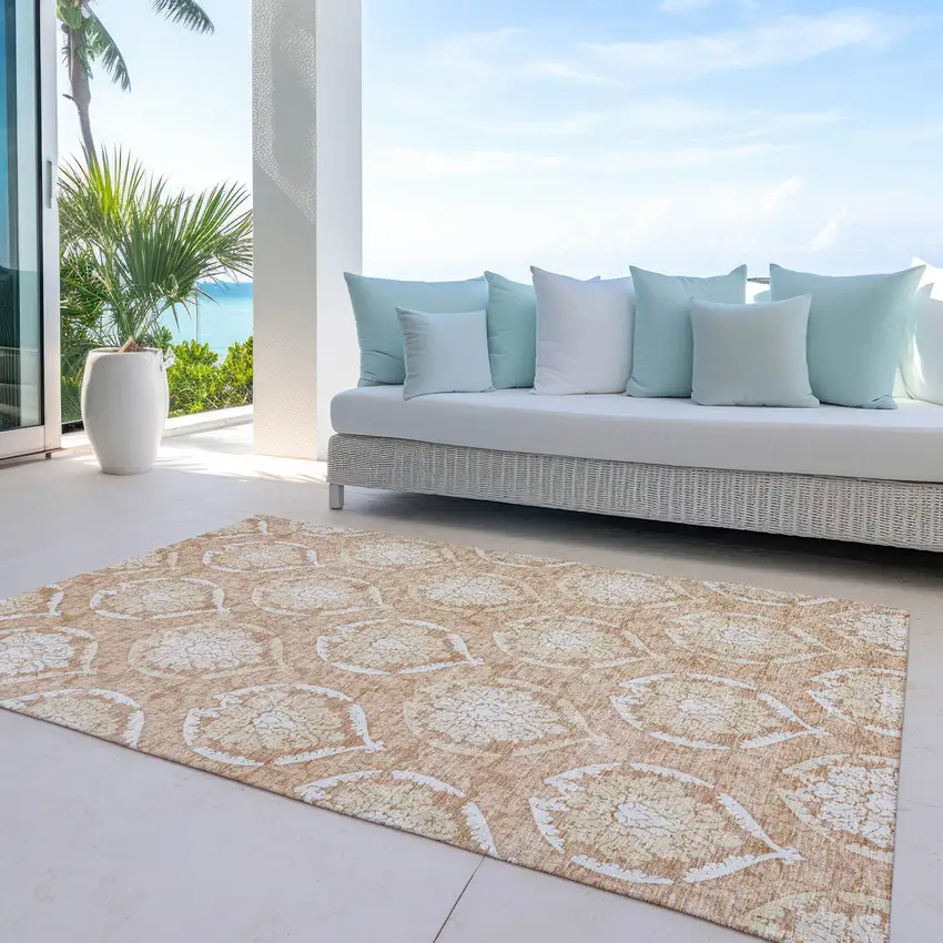 Salmon Copper And Ivory Medallion Washable Indoor Outdoor Area Rug Photo 9
