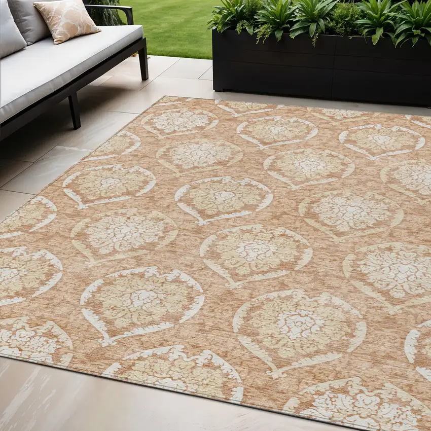 Salmon Copper And Ivory Medallion Washable Indoor Outdoor Area Rug Photo 1