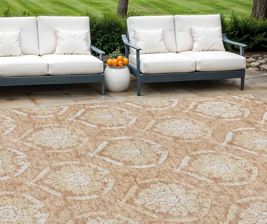 Salmon Copper And Ivory Medallion Washable Indoor Outdoor Area Rug Photo 1
