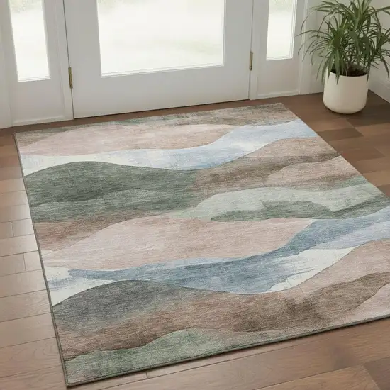 Salmon Emerald And Ivory Abstract Washable Area Rug With UV Protection Photo 2