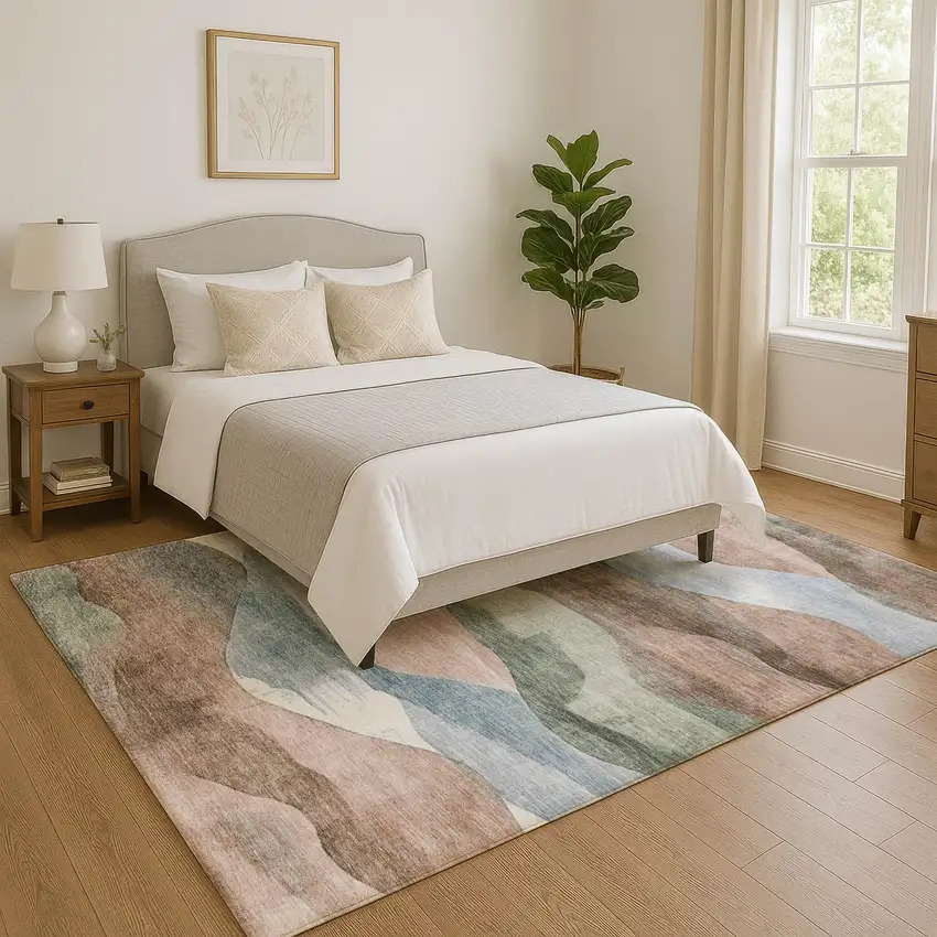 Salmon Emerald And Ivory Abstract Washable Area Rug With UV Protection Photo 5