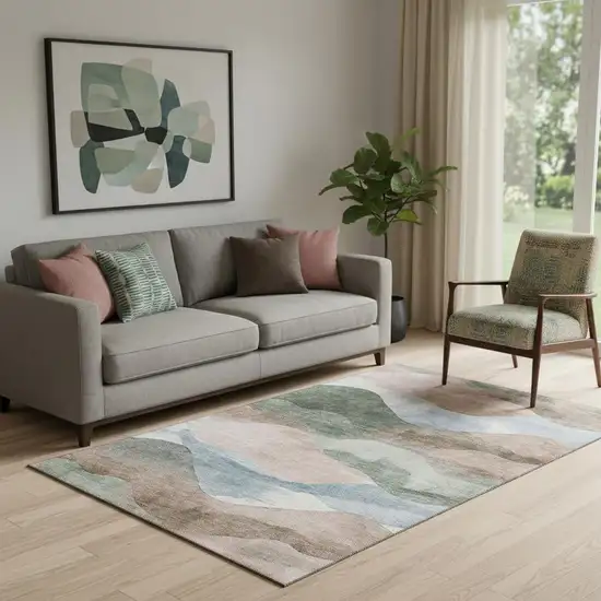 Salmon Emerald And Ivory Abstract Washable Area Rug With UV Protection Photo 2