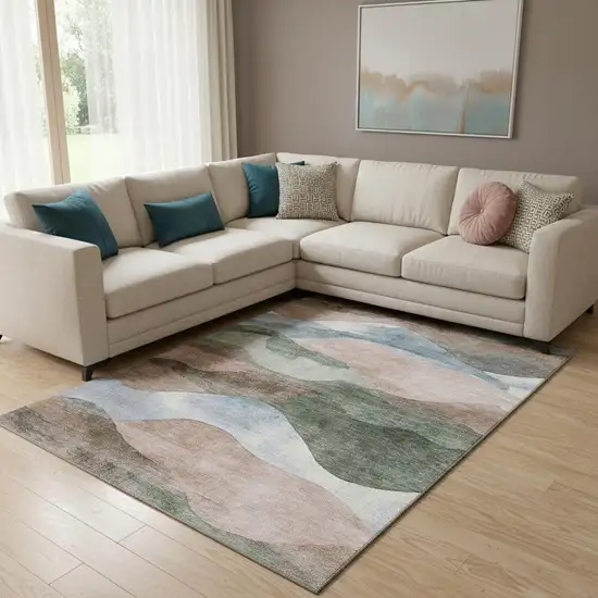 Salmon Emerald And Ivory Abstract Washable Area Rug With UV Protection Photo 2