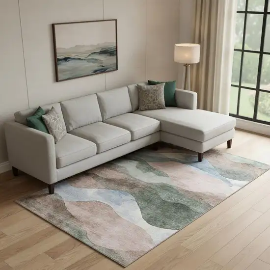 Salmon Emerald And Ivory Abstract Washable Area Rug With UV Protection Photo 2