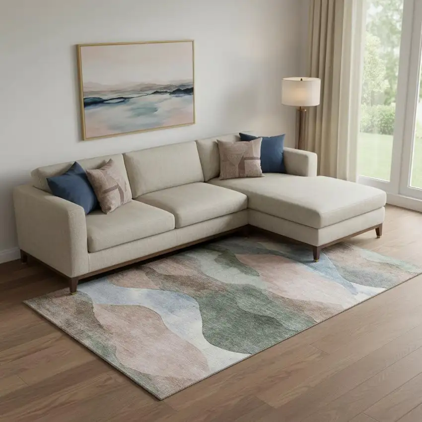 Salmon Emerald And Ivory Abstract Washable Area Rug With UV Protection Photo 2