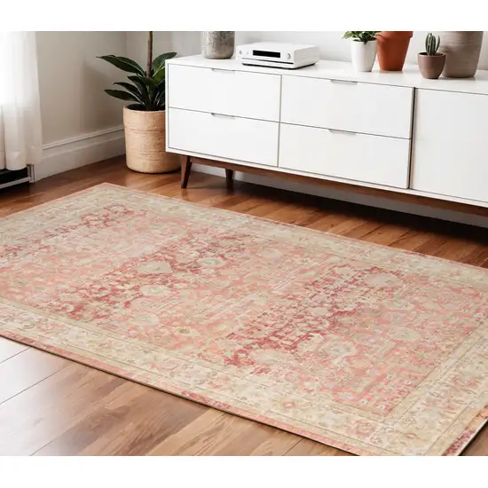 Salmon and Tan Floral Power Loom Area Rug Photo 1