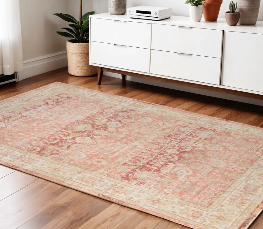 Salmon and Tan Floral Power Loom Area Rug Photo 1