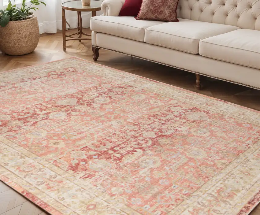 Salmon and Tan Floral Power Loom Area Rug Photo 1