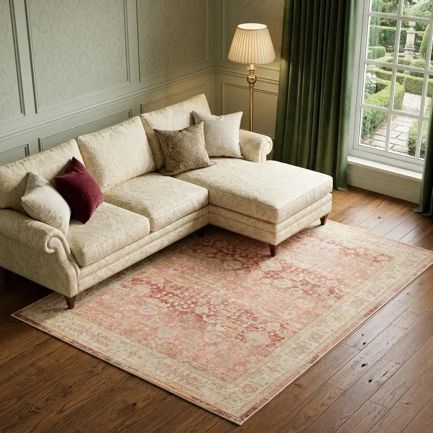 Salmon And Tan Floral Area Rug Photo 1