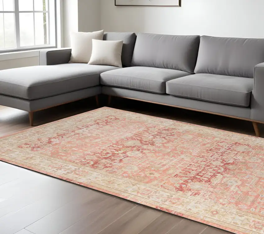 Salmon and Tan Floral Power Loom Area Rug Photo 1
