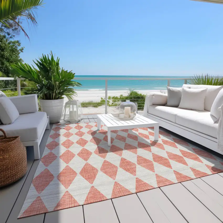 Salmon And Ivory Geometric Washable Indoor Outdoor Area Rug Photo 9