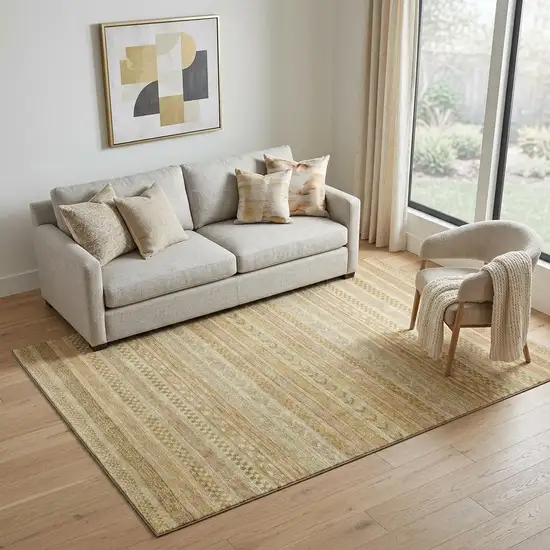 Salmon Gold And Beige Striped Washable Area Rug With UV Protection Photo 1