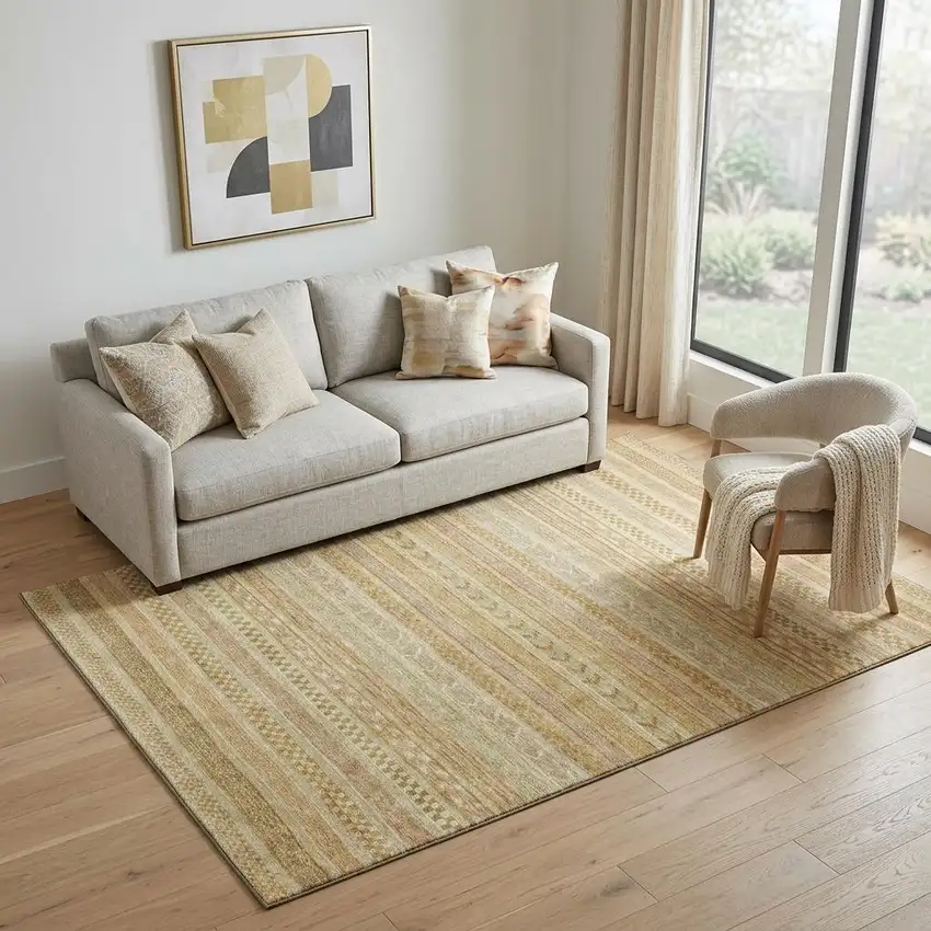 Salmon Gold And Beige Striped Washable Area Rug With UV Protection Photo 1