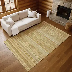 Photo of Salmon Gold And Beige Striped Washable Area Rug With UV Protection