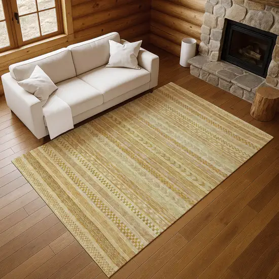 Salmon Gold And Beige Striped Washable Area Rug With UV Protection Photo 1
