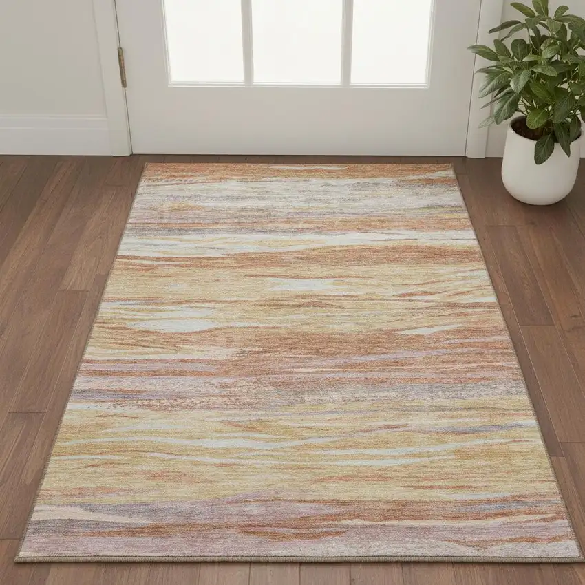 Salmon Gold And Gray Abstract Washable Area Rug With UV Protection Photo 2