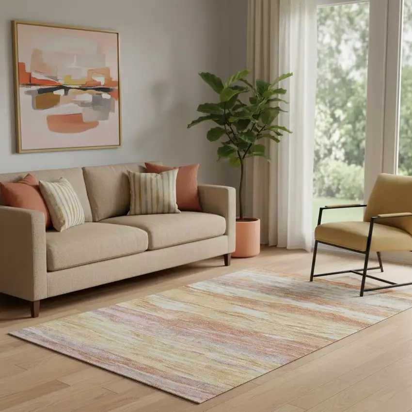 Salmon Gold And Gray Abstract Washable Area Rug With UV Protection Photo 2