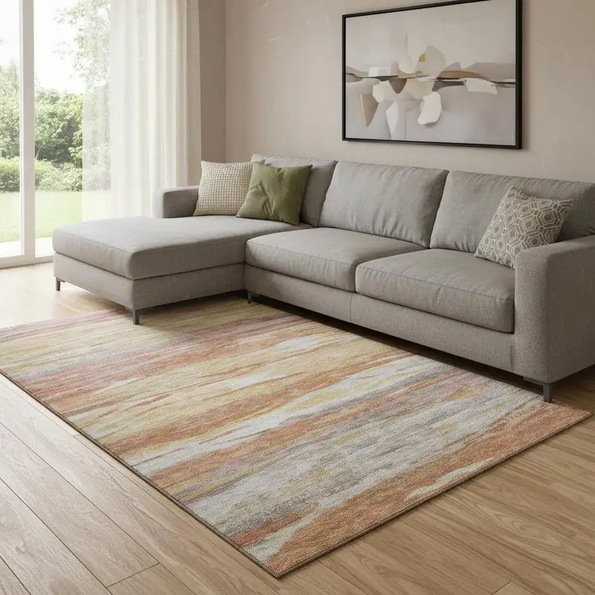 Salmon Gold And Gray Abstract Washable Area Rug With UV Protection Photo 2