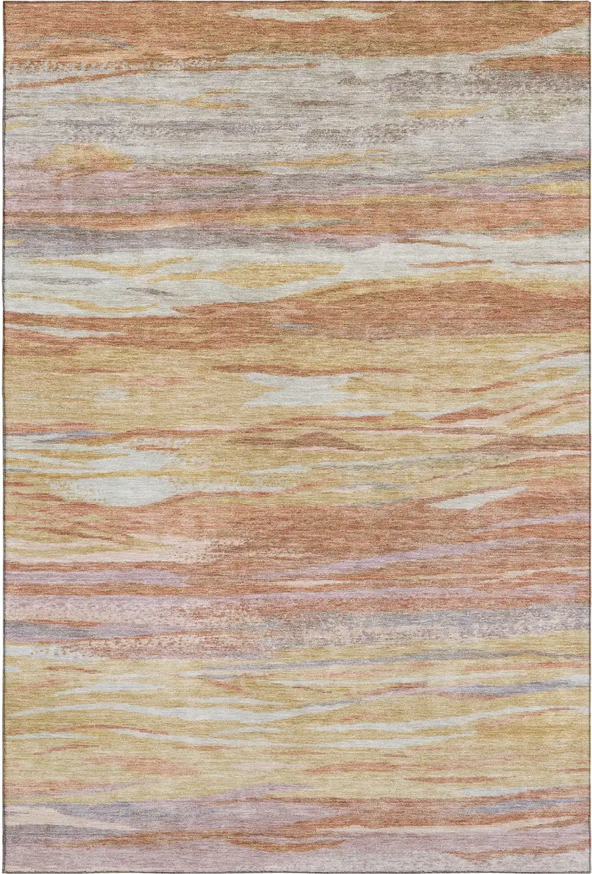 Salmon Gold And Gray Abstract Washable Area Rug With UV Protection Photo 1