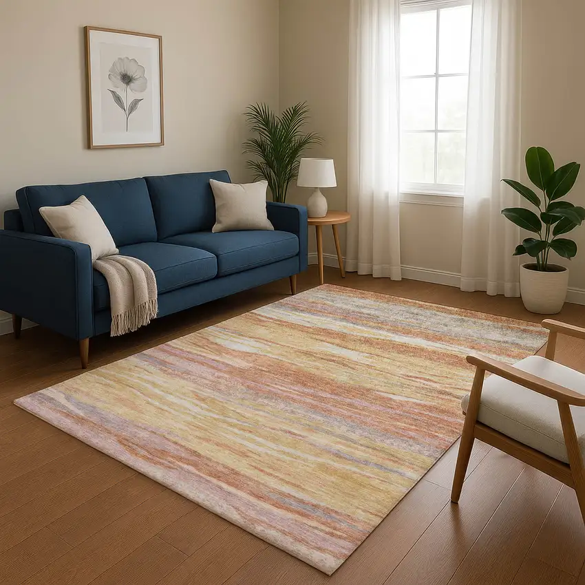 Salmon Gold And Gray Abstract Washable Area Rug With UV Protection Photo 5