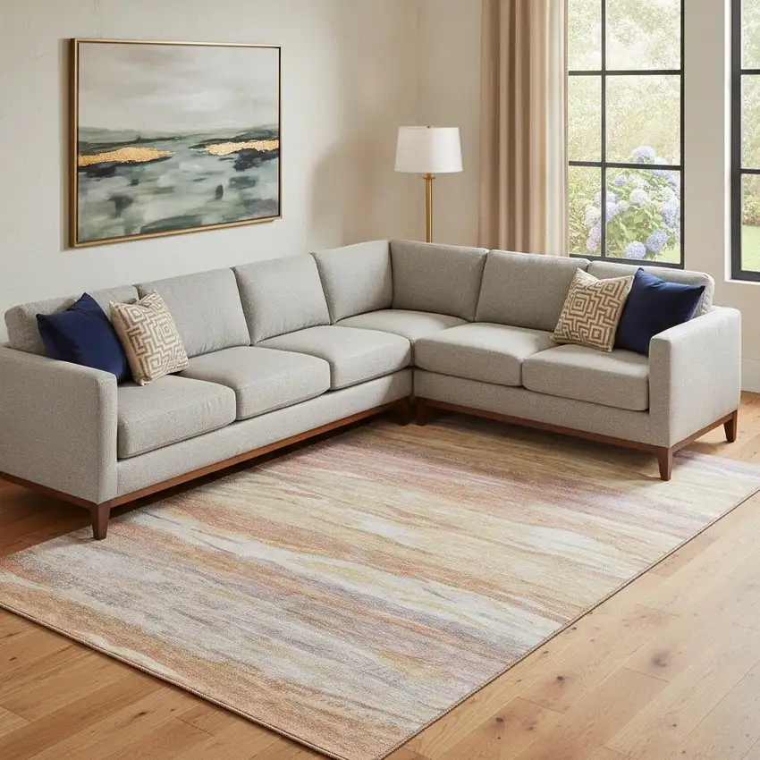 Salmon Gold And Gray Abstract Washable Area Rug With UV Protection Photo 2