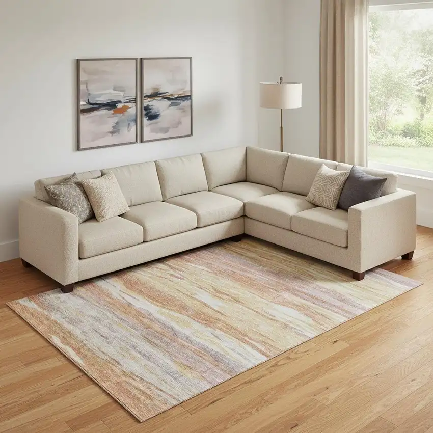 Salmon Gold And Gray Abstract Washable Area Rug With UV Protection Photo 2